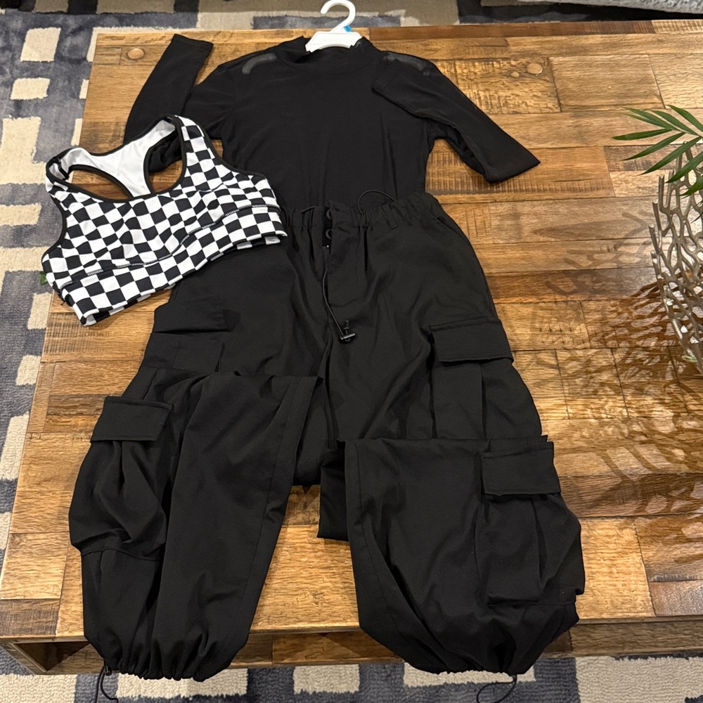 Black and White Checkered Crop Top with Black Hip Hop Costume